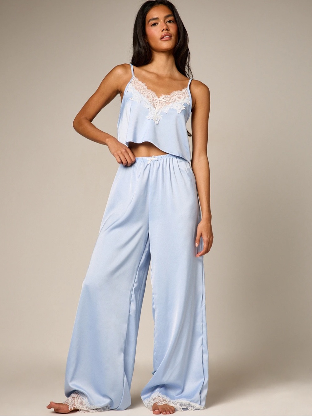Missguided aiirz Satin Blue Lace Trim Pajama Set